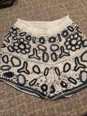 Rebellion Cream Crochet High-Waist Shorts with Black Trim